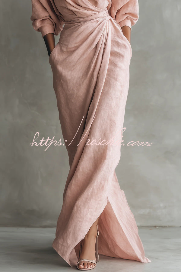 Linen Blend Loose V-Neck Pleated Waist Casual Pocket Maxi Dress, Pink / XL Linen Blend Loose V-Neck Pleated Waist Casual Pocket Maxi Dress, Pink / XL