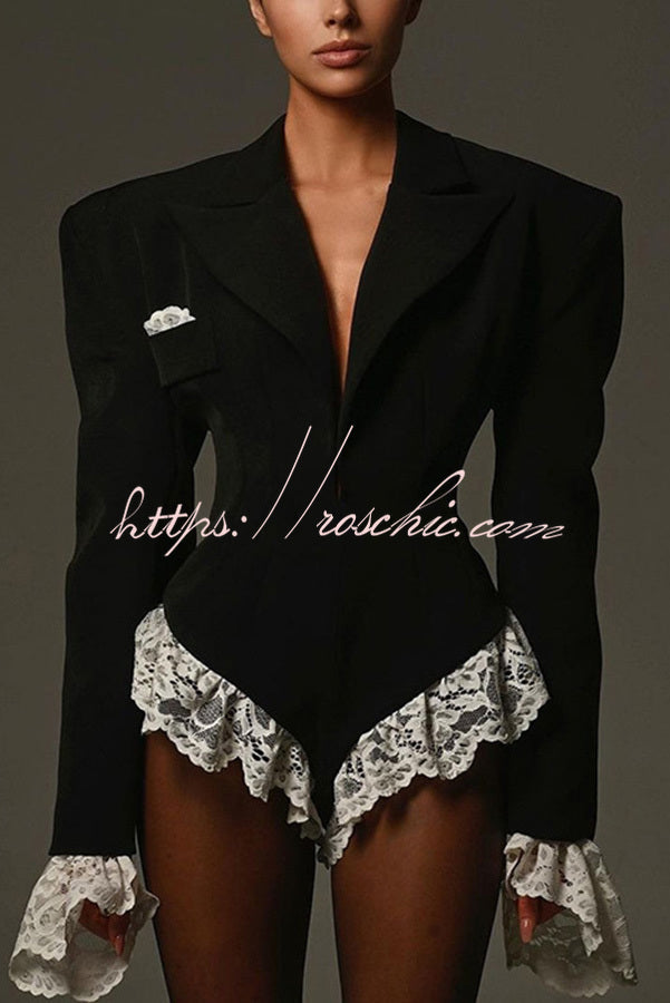 Full of Design Lace Trim Long Sleeve Lapel Blazer Romper