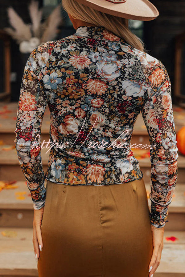 Floral Print Turtleneck Long Sleeve Stretch Bottoming Shirt