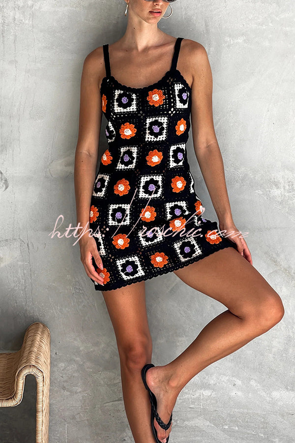 Embroidered Floral Strappy Knitted Mini Dress