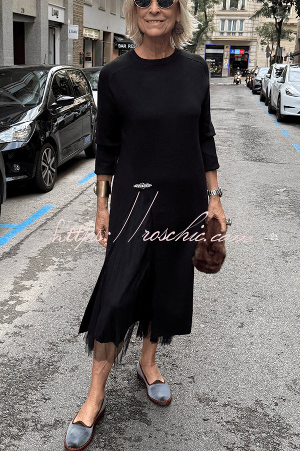 Jollie Knit Long Sleeve Front Slit Midi Sweater and Pleated Tulle Stretch Tank Midi Dress Two-piece