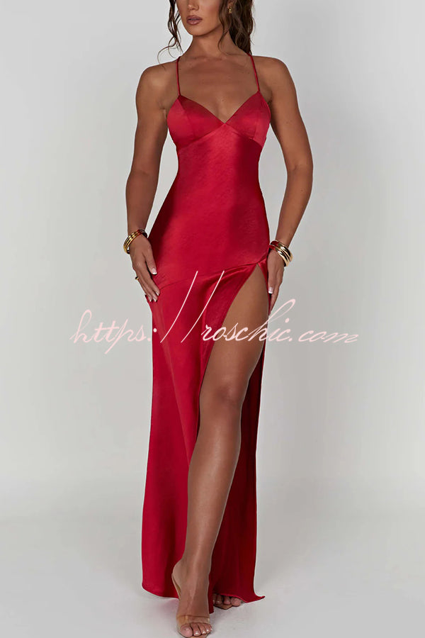 Satin Solid Color Sexy Backless Lace Up High Slit Maxi Dress