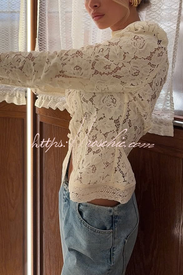 Fashion Hollow Lace Stand Collar Long Sleeve Slim Shirt