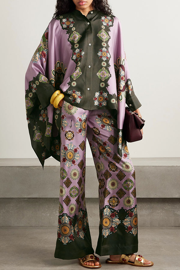 Satin Unique Print Loose Batwing Sleeve Top and Elastic Waist Pocket Casual Wide-leg Pants Set