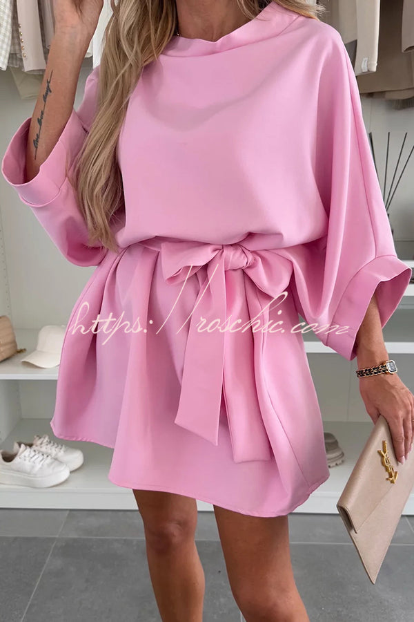 Solid Color Loose Round Neck Belted Mini Dress