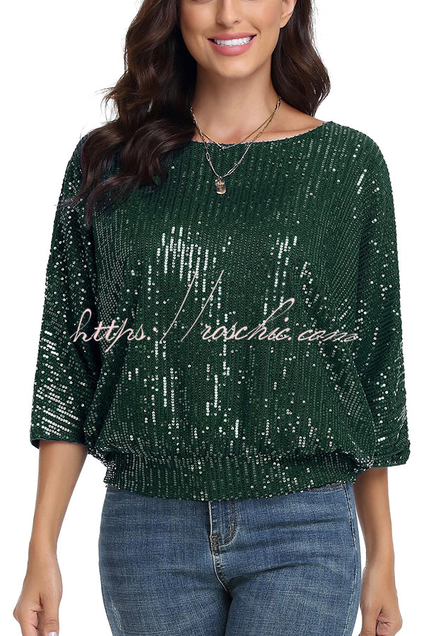 Solid Color Sequined Loose Round Neck Casual Top