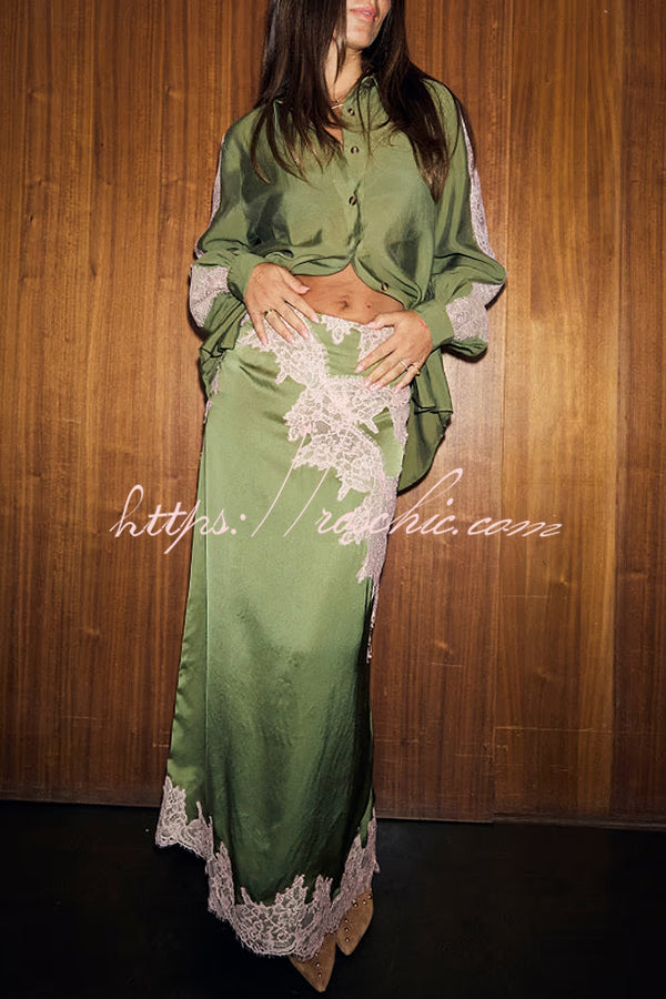 Eye-catching Work Contrast Color Satin Lace Trim Mid Rise Maxi Skirt