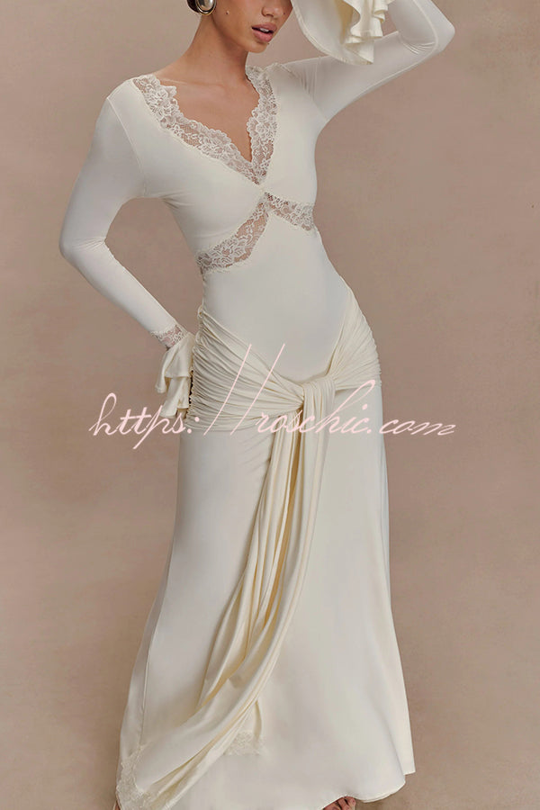 Fashion Lace Splicing Sexy V-neck Long-sleeved Slim Maxi Dress