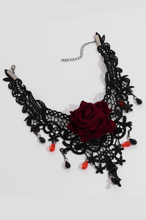 Halloween Vintage Rose Lace Drop Pendant Necklace