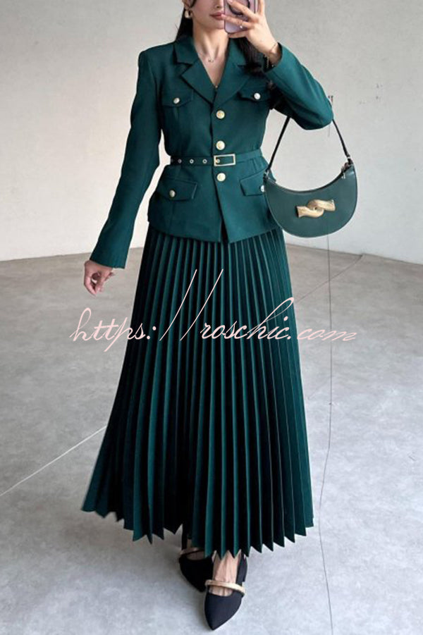 Solid Color Lapel Button Belt Blazer and Pleated Casual Maxi Skirt Set