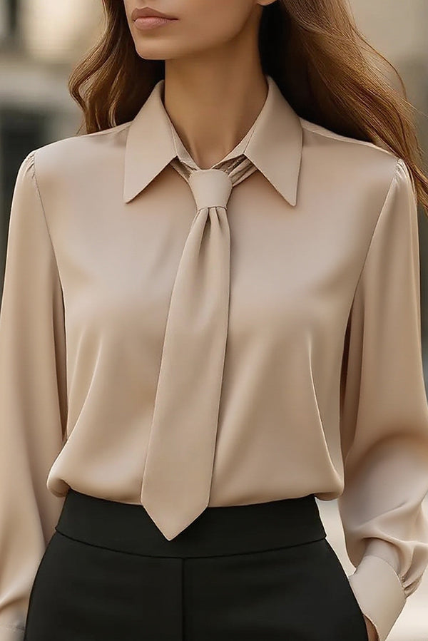Solid Color Satin Tie Long Sleeve Casual Shirt