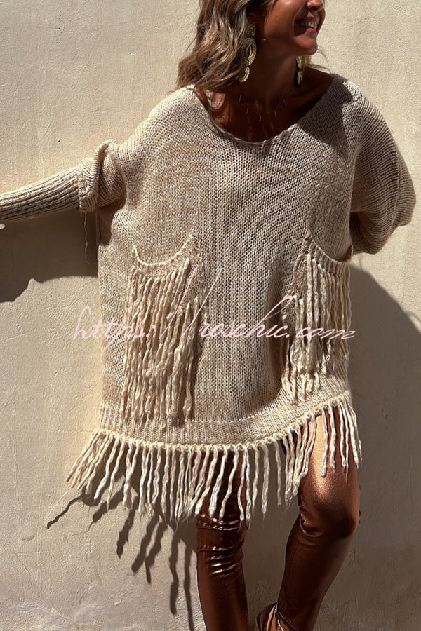 Coming with You Knit Tassel Trim Pocketed Loose Sweater-1