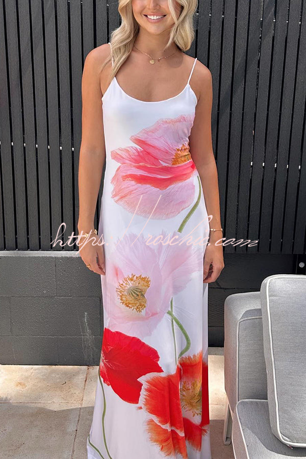 Romantic Beginnings Poppy Blossom Slip Floral Stretch Vacation Maxi Dress