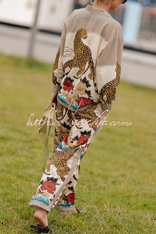 Exotic Leopard Flower Patchwork Print Elastic Waist Pocket Wide Leg Pants