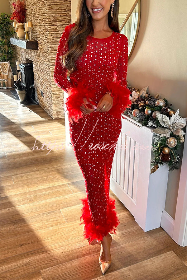 Sexy Long Sleeve Round Neck Feather Edge Rhinestone Decoration Slim Fit Maxi Dress