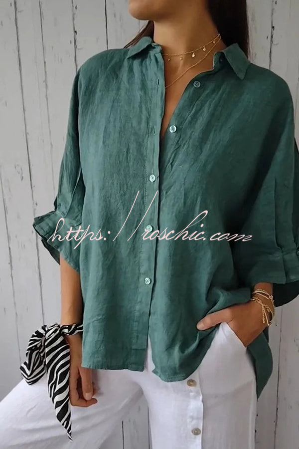 Linen Blend Solid Color Tie Back Loose Shirt Top