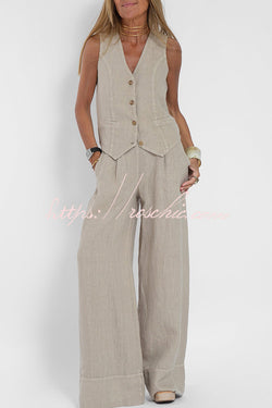 Eddie Linen Blend Button Vest and Elastic Waist Pocketed Wide Leg Pants Set