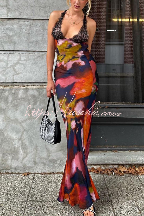 Rosalinda Abstract Floral Print Lace Patchwork Back Lace-up Maxi Dress