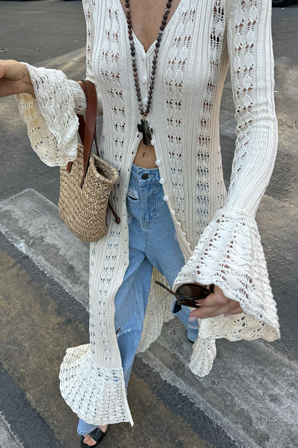 Fashion Hollow V-neck Long-sleeved Casual Knitted Cardigan