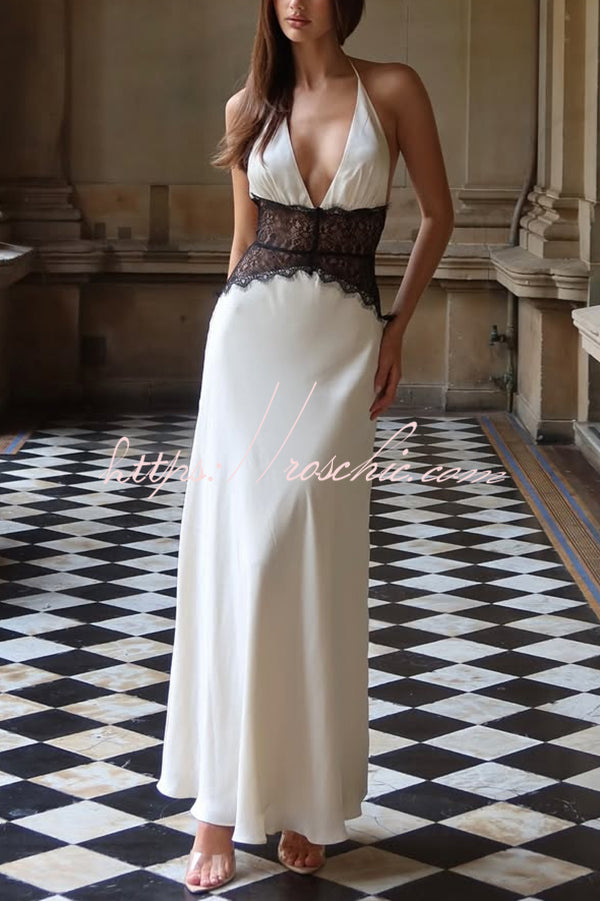 Seductive Details Satin Lace Waist Halter Tie-up Backless Maxi Dress