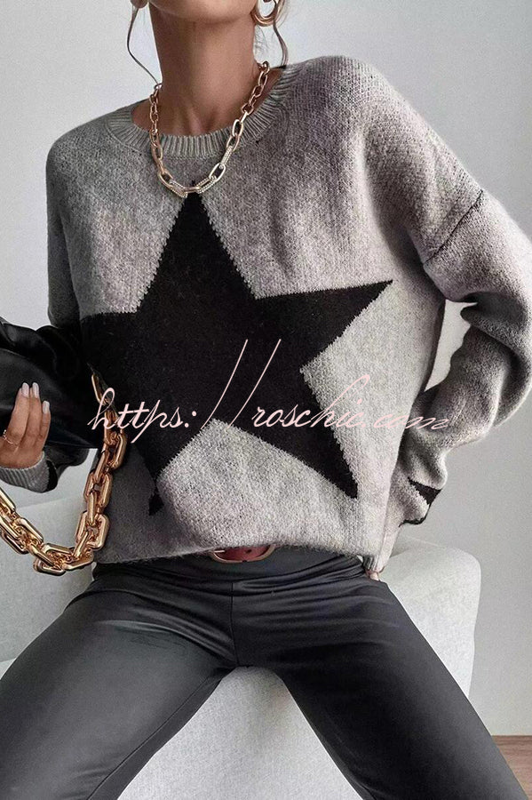 Essnce Star Pattern Crew Neck Long Sleeve Sweater