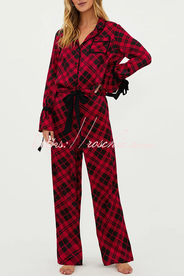 Holiday Movie Party Plaid Ribbon Detail Elastic Waist Pocketed Pajama Set