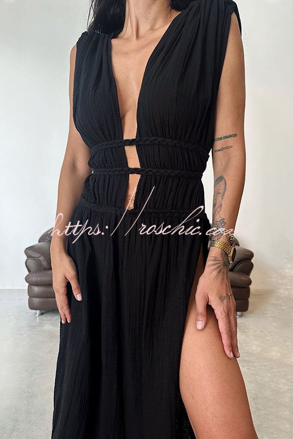 Boho with Elegance Linen Blend Braids Belt Cutout Slit Kaftan Maxi Dress