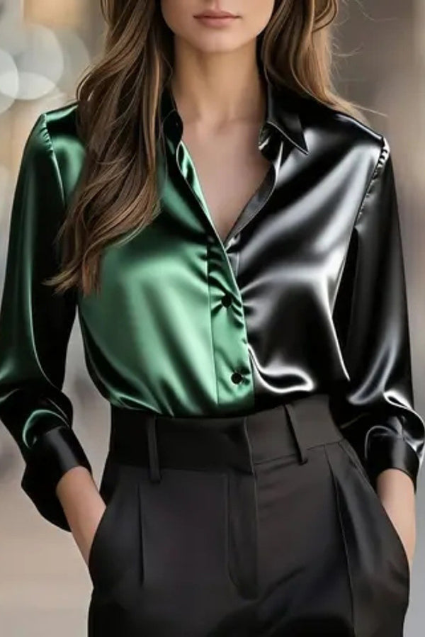 Fashionable Colorblock Lapel Long-sleeved Button-down Shirt
