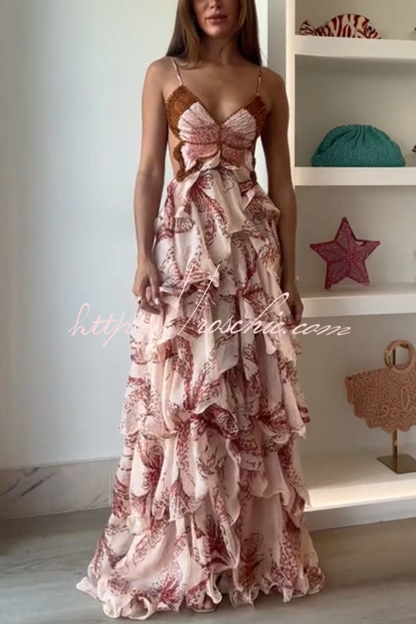 Ariae Butterfly Print Multi-layered Ruffles Backless Tie-up Maxi Dress Ariae Butterfly Print Multi-layered Ruffles Backless Tie-up Maxi Dress