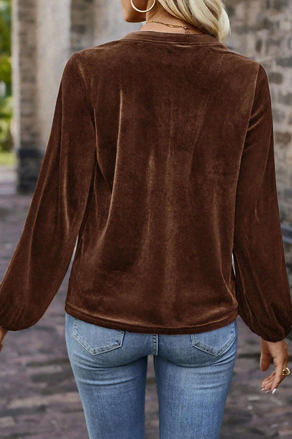 Solid Color Velvet V-neck Long-sleeved Loose Button Top