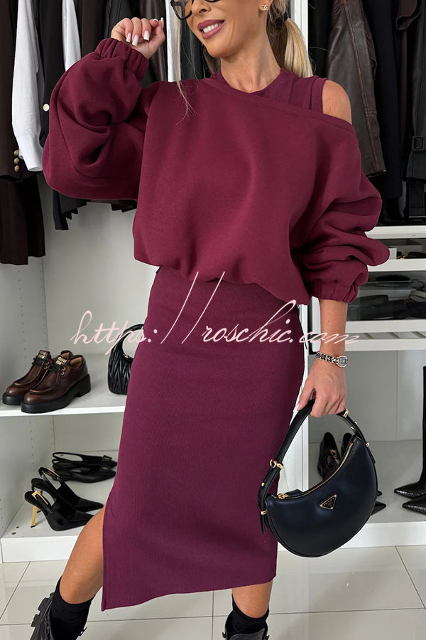 Lifestyle Wide Neck Relaxed Sweatshirt and Ribbed Tank Stretch Midi Dress Set