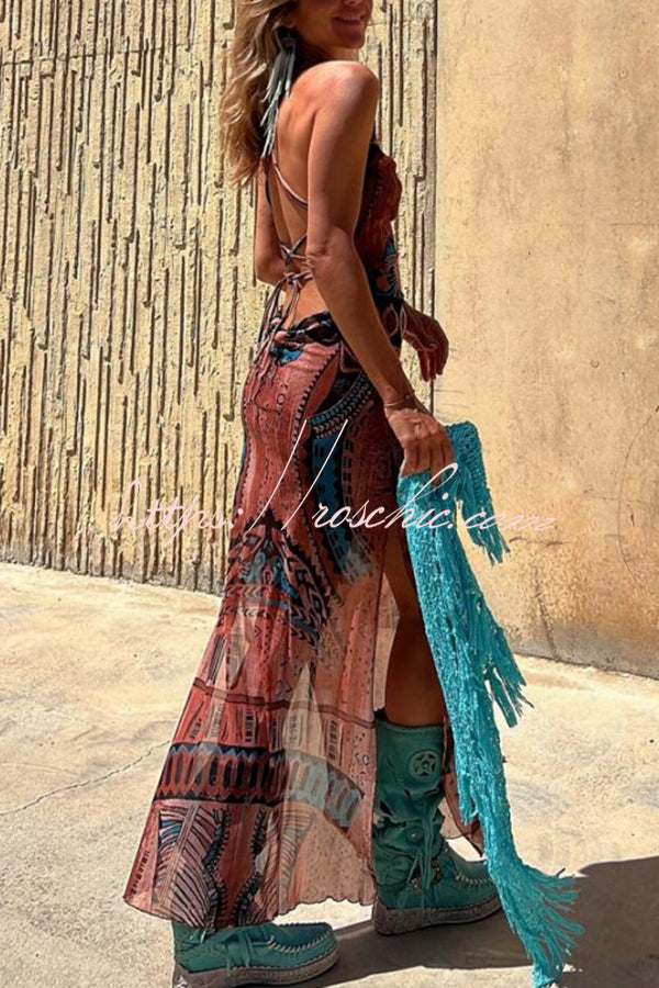 Gypsy Style Unique Print Cowl Neck Back Lace-up Slit Midi Dress roschic Gypsy Style Unique Print Cowl Neck Back Lace-up Slit Midi Dress roschic