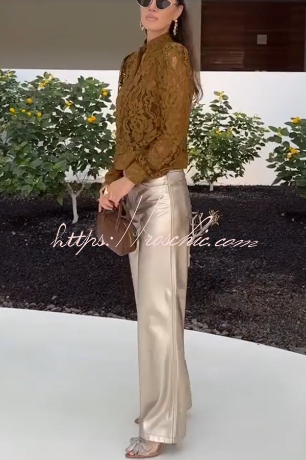 Palace Style Crochet Flower Lace Stand Neck Button Puff Sleeve Jacket