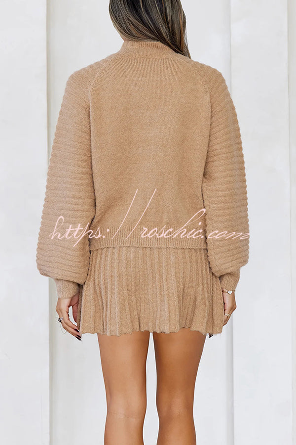 Solid Color Round Neck Puff Sleeve Loose Knit Sweater and Casual Striped Mini Skirt Set