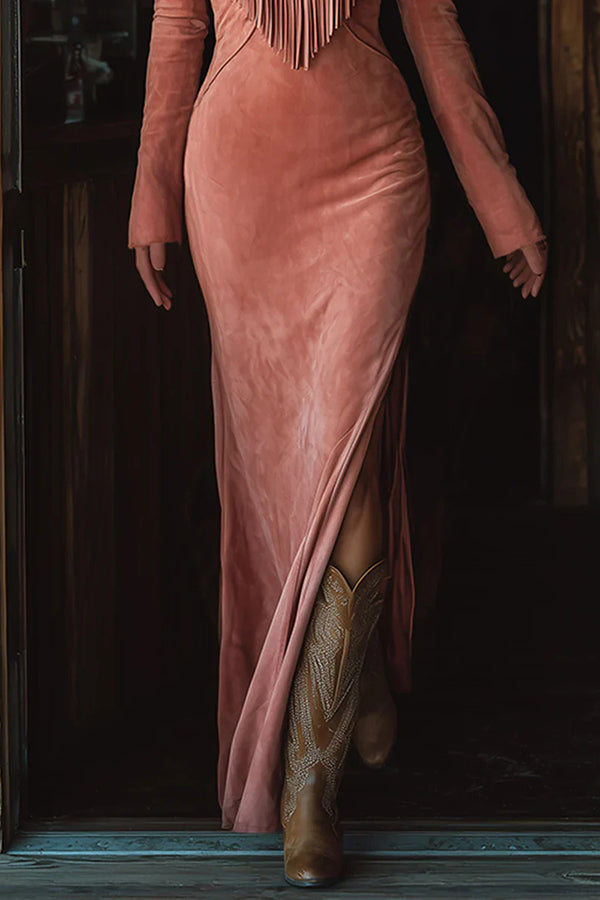 Fashionable Embroidered Floral Tassel Long-sleeved Slim-fit Maxi Dress