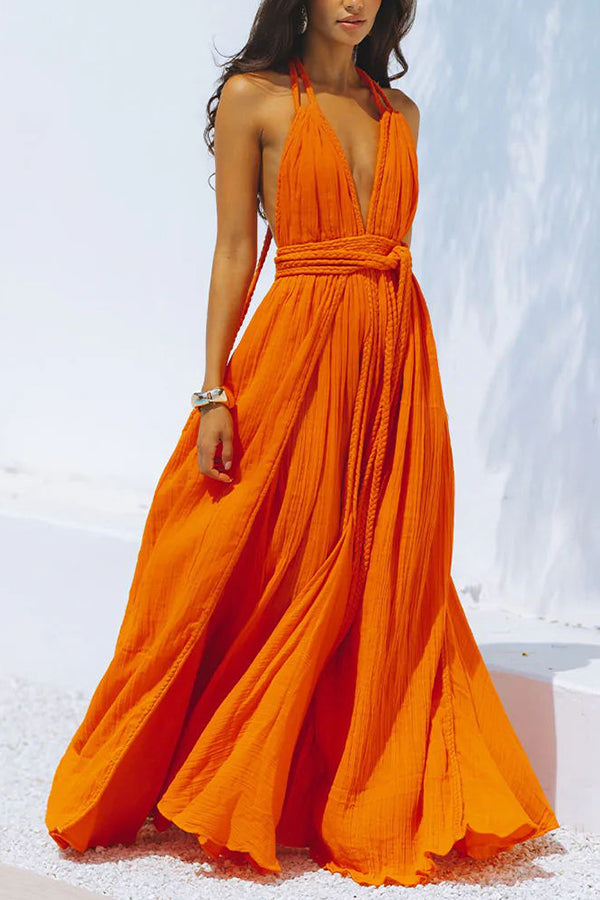 Summer Whispers Linen Blend Draped Braids Deep V-neck Halter Backless Cover Up Maxi Dress, Orange / S/M Summer Whispers Linen Blend Draped Braids Deep V-neck Halter Backless Cover Up Maxi Dress, Orange / S/M