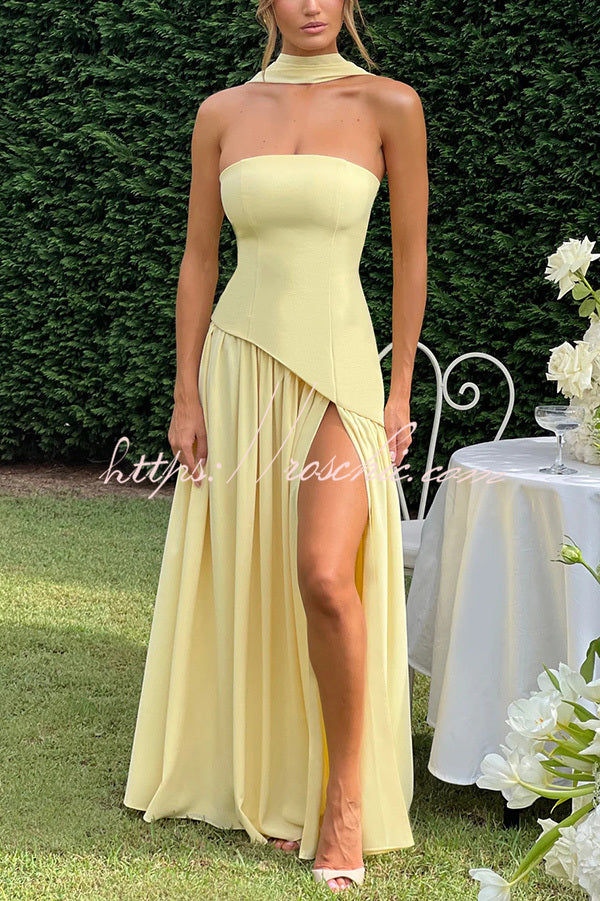 Elegant Off Shopulder Chiffon Pleated Hem Scarf Slit Maxi Dress