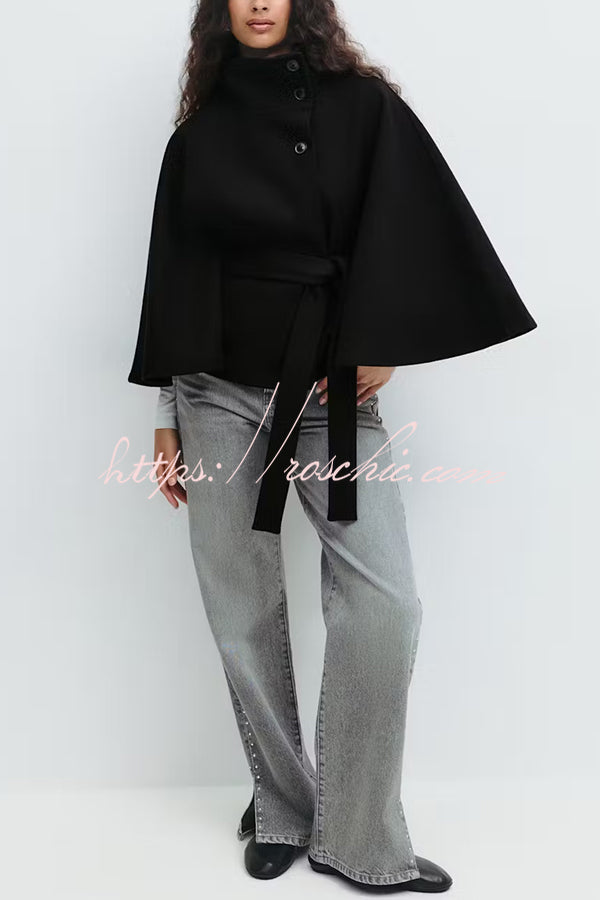 Fashionable Stand Collar Button Waist Tie Loose Cape