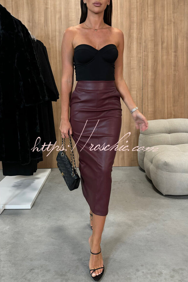 Lindsey Faux Leather High Rise Pocketed Slit Stretch Midi Skirt