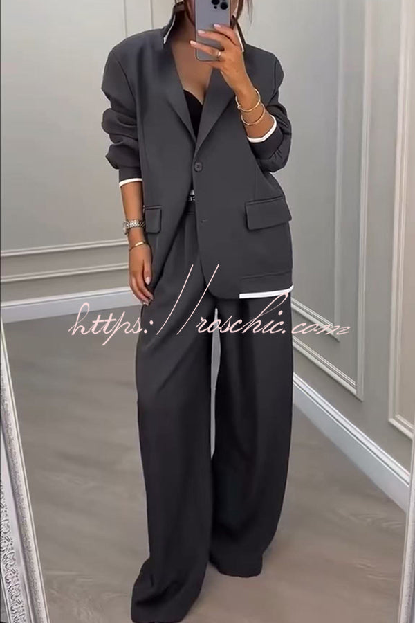 Fashion Sports Style Ribbed Colorblock Lapel Blazer and Elastic Waist Pocket Loose Pants Set