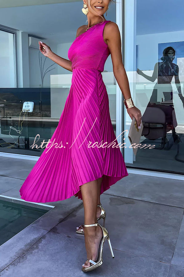 Glam Vibes Satin One Shoulder Side Cutout Pleated Maxi Dress