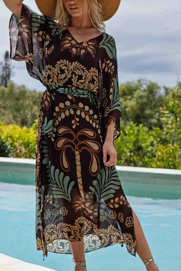 fitted lace wedding dress Bohemian Style Unique Printed Chiffon Loose-fitting Belted Maxi Dress –  roschic