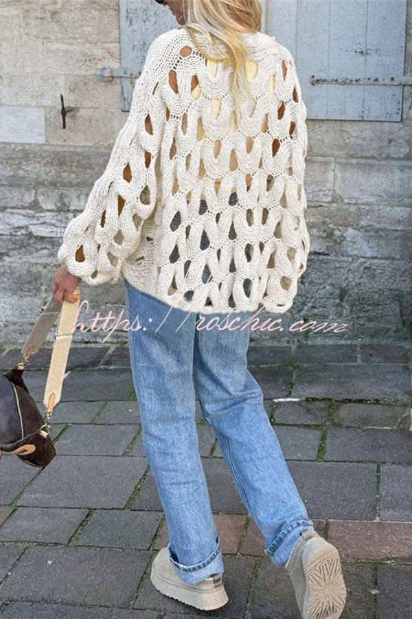Solid Color Casual Hollow Long-sleeved Holiday Knitted Sweater