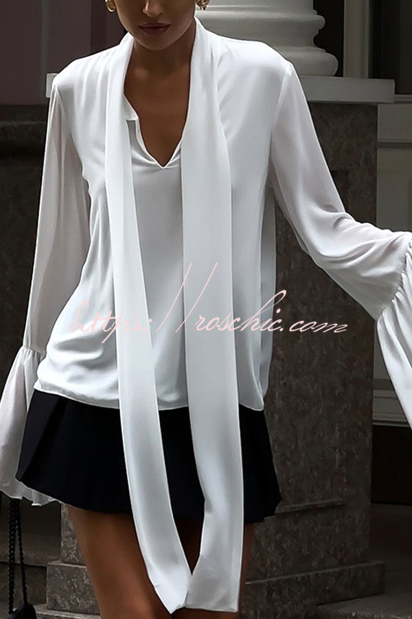 Solid Color V-neck Lace-up Flared Long-sleeved Elegant Loose Top