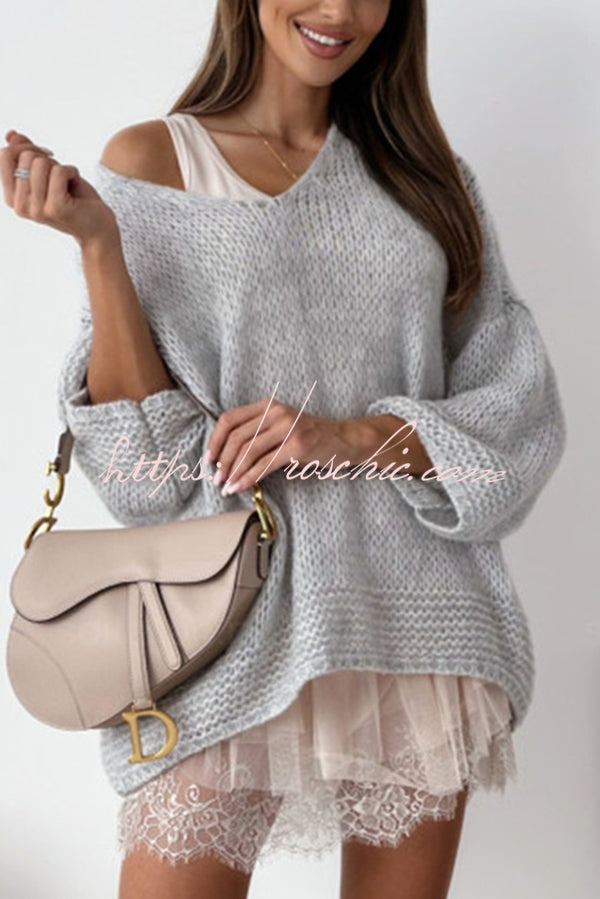 Solid Color Loose V-neck Casual Knitted Sweater