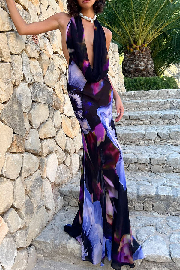 Bold and Sexy Tie-dye Abstract Floral Halter Drape Neck Backless Maxi Dress