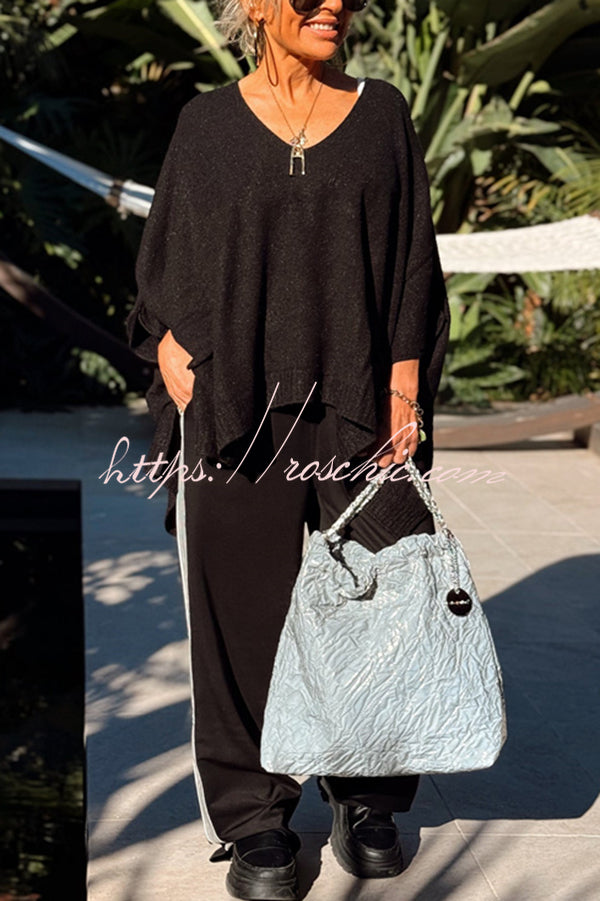 Fashion V-neck Loose Pocket Mid-length Knitted Sweater