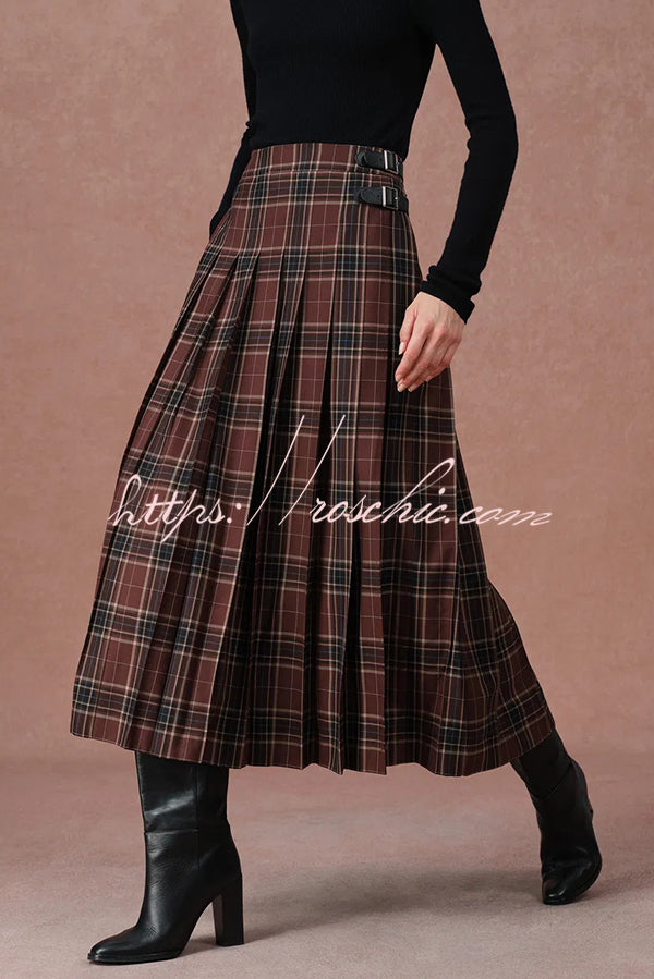 Yehudit Plaid Belt Buckle Design High Rise Pocket Midi Umbrella Skirt