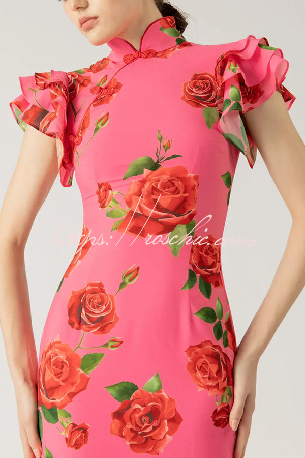 Cheongsam Style Rose Floral Print Tiered Flare Sleeve Stretch Maxi Dress