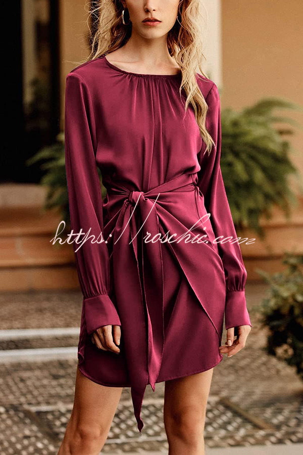 Satin Round Neck Long Sleeve Elastic Tie Mini Dress